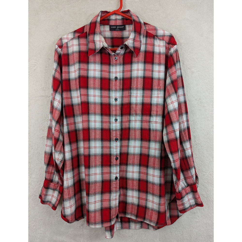 Lane Bryant sz 14/16 Plaid Shirt soft buttons ls red white black gray top 1716
